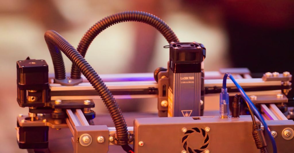 Detailed view of a 3D printer operating in Wrocław, Poland, highlighting modern technology and innovation.